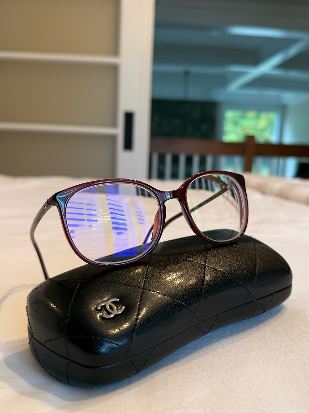 CHANEL Women's Burgundy Frame Optical Glasses with Black Quilted Case